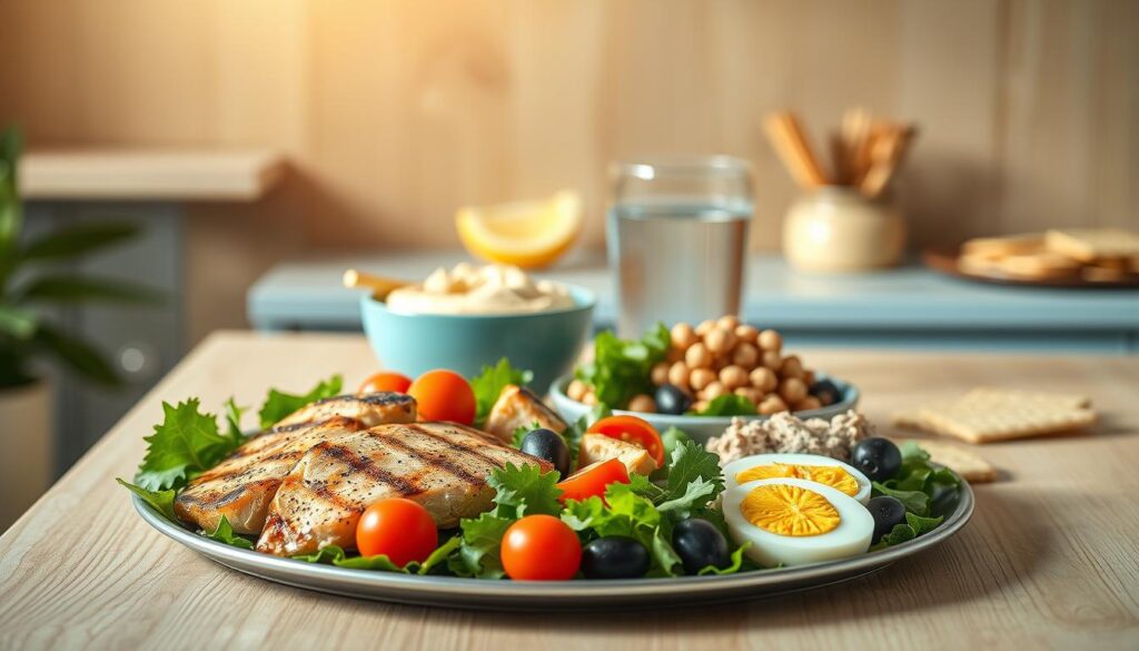 A neatly arranged spread of protein-rich Mediterranean lunches in a cozy, minimal kitchen with wooden textures and light blue accents. In the foreground, grilled chicken breasts, canned tuna, and hard-boiled eggs sit atop a bed of leafy greens, cherry tomatoes, and kalamata olives. In the middle ground, a bowl of hummus and a plate of whole-grain crackers accompany the main dishes. The background features a simple glass of water and a lemon wedge, creating a fresh, healthy atmosphere. The scene is bathed in warm, natural lighting, emphasizing the vibrant colors and textures of the Mediterranean-inspired meal.