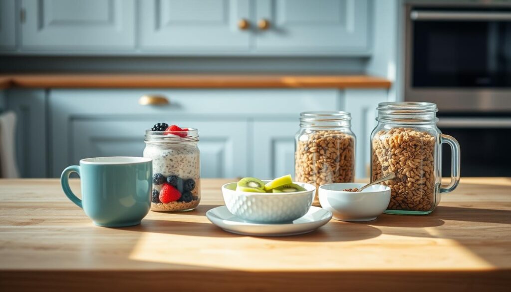 A neatly arranged spread of various breakfast meal prep ideas on a wooden table, bathed in soft, natural lighting. Crisp overnight oats with fresh berries, chia pudding with kiwi slices, and a jar of homemade granola take center stage, complemented by a steaming mug of coffee. The minimalist kitchen setting features light blue cabinets and brass hardware, creating a warm, inviting atmosphere that captures the essence of a classic breakfast reinvented.