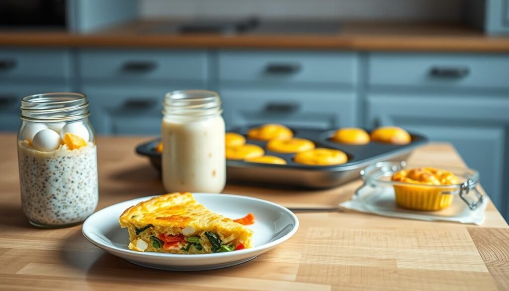 A neatly arranged spread of various egg-based meal prep recipes on a wooden kitchen counter, bathed in soft, natural lighting. In the foreground, a plate showcases a fluffy frittata slice with vibrant vegetables. Beside it, a mason jar filled with creamy overnight oats and hardboiled eggs. In the middle ground, a baking sheet holds perfectly cooked egg muffins, their golden tops glistening. The background features a simple, minimalist kitchen with light blue cabinets, creating a calming, organized atmosphere perfect for busy mornings.