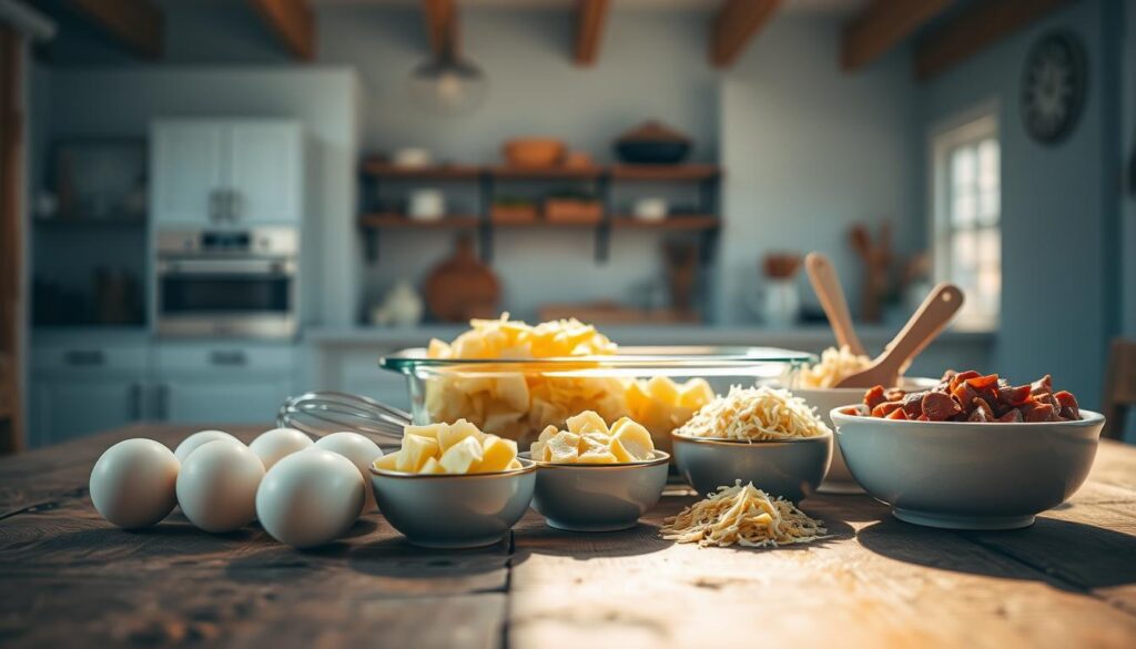 A neatly arranged still life of breakfast casserole ingredients on a rustic wooden table, bathed in warm natural light. In the foreground, raw eggs, diced potatoes, crumbled sausage, and shredded cheese are displayed in individual ceramic bowls. In the middle ground, a glass baking dish and various kitchen utensils, such as a whisk and spatula, are placed alongside. The background features a minimal, light blue-accented kitchen with exposed wooden beams, creating a cozy, inviting atmosphere.