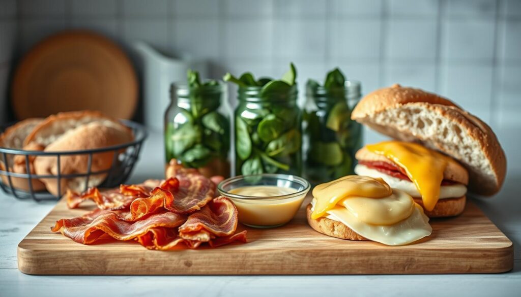 A neatly arranged still life of breakfast sandwich ingredients placed on a wooden cutting board. In the foreground, an array of artisanal breads, crisp bacon strips, perfectly cooked egg patties, and slices of melty cheese. In the middle ground, a glass jar filled with fresh spinach leaves and a small bowl of tangy hollandaise sauce. The background features a minimal, light blue-accented kitchen with subtle wooden textures, creating a cozy, inviting atmosphere. Soft, diffused lighting casts gentle shadows, highlighting the natural textures and colors of the ingredients. The overall mood is one of simplicity, freshness, and culinary potential.