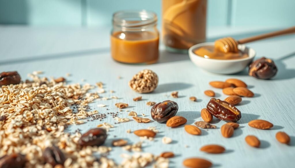 A neatly arranged still life of dietary-friendly energy bite ingredients on a light blue wooden table. In the foreground, a mix of rolled oats, pitted dates, shredded coconut, chia seeds, and roasted almonds scattered artfully. In the middle ground, a glass jar filled with honey, and a small bowl of peanut butter. Soft, natural lighting illuminates the scene, casting warm shadows and highlighting the textures. The overall mood is simple, wholesome, and inviting, reflecting the cozy, minimal kitchen setting.