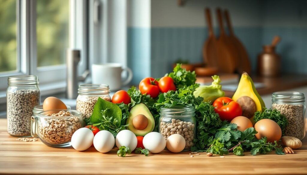 A neatly arranged still life of essential breakfast meal prep ingredients in a cozy, minimal kitchen environment. Soft natural lighting from a large window illuminates a wooden countertop, where a variety of fresh produce is carefully displayed - vibrant eggs, ripe avocados, juicy tomatoes, crisp greens, and fragrant herbs. In the middle ground, glass jars filled with oats, chia seeds, and nuts add textures and healthy supplements. The background features light blue accents, such as a ceramic mug and a simple backsplash, creating a calming, inviting atmosphere for a nutritious morning routine.