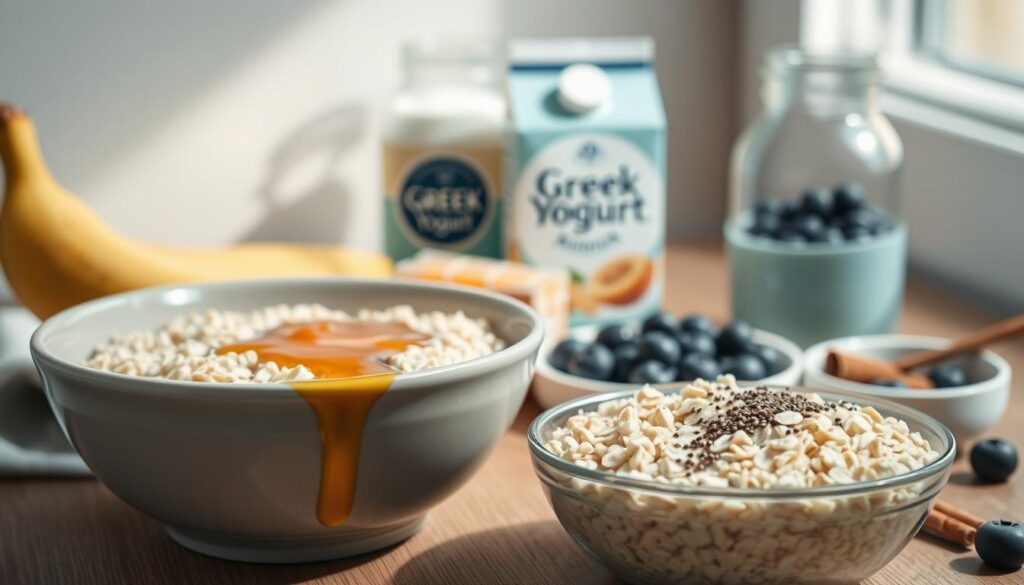 A neatly arranged still life of essential ingredients for calorie-controlled overnight oats. In the foreground, a bowl of rolled oats, a drizzle of honey, and a sprinkle of chia seeds. In the middle ground, a carton of Greek yogurt, a sliced banana, and a handful of blueberries. In the background, a glass jar of almond milk and a small bowl of cinnamon. The scene is bathed in soft, natural lighting, capturing the simple elegance of these wholesome ingredients. The overall mood is one of balance, mindfulness, and healthy living, set against a backdrop of warm, wooden textures and light blue accents.