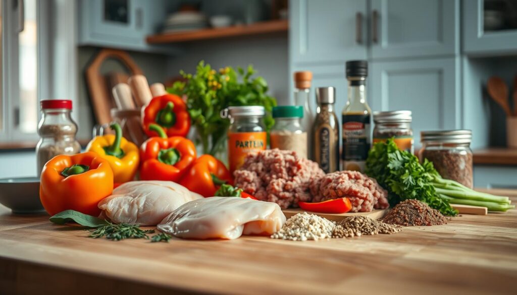 A neatly arranged still life of essential meal prep ingredients against a serene kitchen backdrop. In the foreground, juicy chicken breasts, lean ground beef, and colorful bell peppers await dicing. Behind them, a selection of protein-rich spices, herbs, and seasonings create an orderly composition. Soft, natural lighting from a nearby window bathes the scene in a warm, earthy glow, highlighting the rich textures of the wooden countertop and light blue cabinetry. An aura of efficiency and organization pervades the frame, inviting the viewer to envision a satisfying, high-protein meal taking shape.