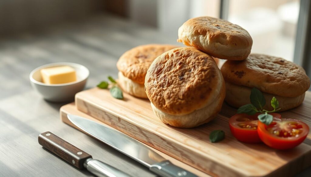 A neatly arranged still life of fresh, golden-brown English muffins on a wooden cutting board, surrounded by cooking implements like a sturdy knife and a small ceramic dish filled with butter. Soft natural light streams in through a nearby window, casting a warm glow over the scene. The muffins are accompanied by a few sliced tomatoes, a couple of crisp, green leaves, and perhaps a tiny sprig of herbs, hinting at the delicious breakfast possibilities to come. The overall composition conveys a sense of simple, effortless preparation, perfectly capturing the benefits of make-ahead breakfast sandwiches.