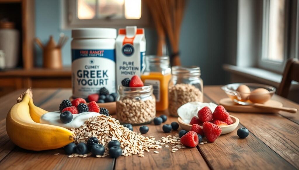 A neatly arranged still life on a rustic wooden table, showcasing the essential ingredients for healthy protein muffins. In the foreground, a mix of fresh berries, bananas, and a handful of rolled oats spill out from a ceramic bowl. Beside it, a glass jar filled with creamy Greek yogurt and a scoop of pure whey protein powder. In the middle ground, a carton of free-range eggs and a small glass jar of pure honey sit alongside a stack of measuring cups. The background features a light blue painted wall, complemented by the warm glow of natural light filtering through a nearby window, creating a cozy, inviting atmosphere.