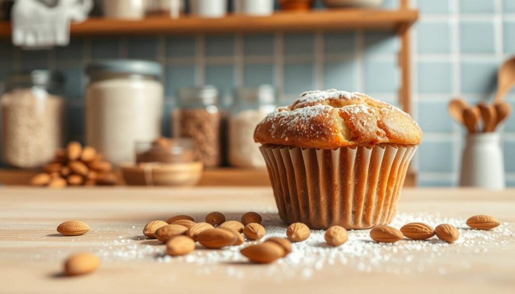 A neatly arranged still life showcasing a fresh-baked almond flour muffin atop a wooden surface, with a dusting of icing sugar and a scattered handful of whole almonds in the foreground. The muffin emits a tempting aroma, its golden crust and moist crumb visible in warm, natural lighting. In the middle ground, jars of almond flour and other baking essentials sit on open shelves, while the background features a light blue tiled wall, adding a sense of comfort and simplicity to the scene. The composition highlights the nutritional benefits and minimal ingredients of this protein-packed breakfast treat.