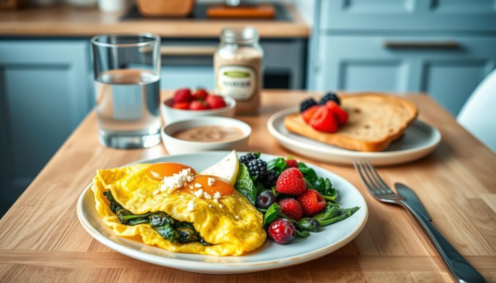 A neatly arranged table in a cozy, minimal kitchen, featuring a variety of diabetic-friendly breakfast items. In the foreground, a plate showcases a fluffy omelet made with farm-fresh eggs, accompanied by a generous portion of sautéed spinach and a sprinkle of feta cheese. Alongside, a small bowl brimming with mixed berries and a glass of refreshing water. In the middle ground, a crisp whole-grain toast, lightly drizzled with a touch of honey, nestles next to a small jar of chia seed pudding. The background is dominated by warm, wooden textures and light blue accents, creating a calming and inviting atmosphere.