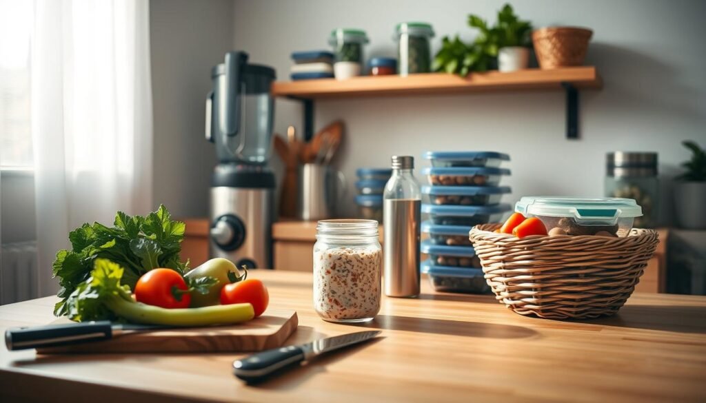 A neatly arranged table in a cozy, minimal kitchen setting, featuring an array of meal prep essentials. In the foreground, a cutting board with fresh produce, a sharp chef's knife, and a mason jar filled with overnight oats. In the middle ground, a sleek stainless steel blender, a meal prep container, and a reusable water bottle. In the background, a wooden shelf displaying a stack of glass meal prep containers, a spice rack, and a basket of fresh herbs. Warm, natural lighting illuminates the scene, creating a calming, organized atmosphere perfect for stress-free morning meal prep.