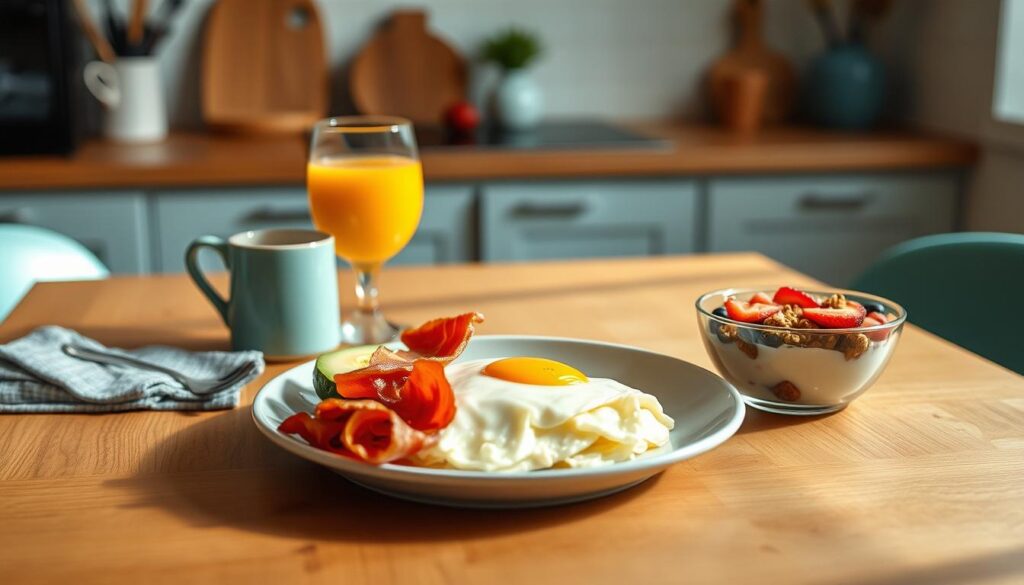 A neatly arranged table in a cozy, minimal kitchen showcases an array of high-protein breakfast options. A plate featuring fluffy scrambled eggs, crisp bacon, and avocado slices takes center stage, complemented by a glass of freshly squeezed orange juice and a bowl of Greek yogurt topped with berries and granola. The warm, indirect lighting illuminates the scene, casting gentle shadows and highlighting the natural textures of the wooden surfaces and light blue accents that create a calming, inviting atmosphere.