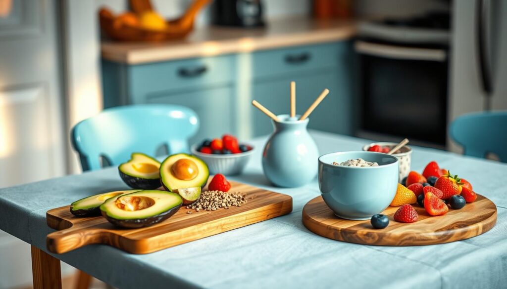 A neatly arranged table in a cozy, minimal kitchen showcases an assortment of high-fiber breakfast items. Ripe avocado slices, crunchy chia pudding, and colorful berries are artfully presented on wooden boards, complemented by light blue accents. Warm, diffused lighting casts a soft glow, highlighting the natural textures and vibrant hues of the ingredients. The scene evokes a sense of health, creativity, and culinary delight, perfectly capturing the essence of a make-ahead, high-fiber breakfast.