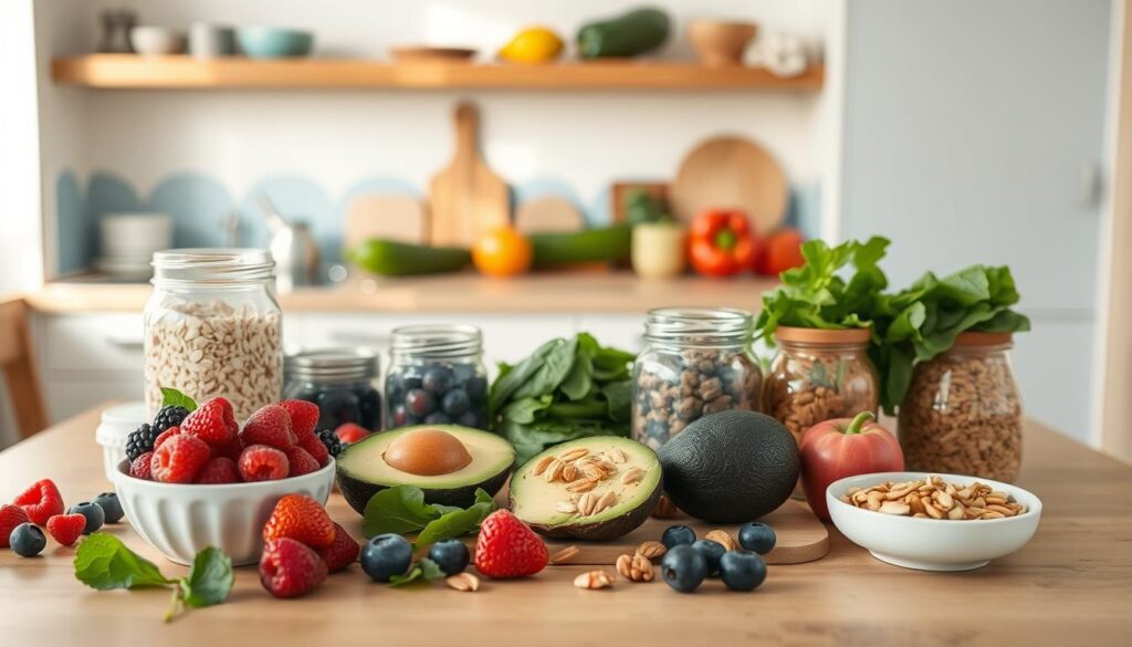 A neatly arranged table in a cozy, minimalist kitchen, showcasing an assortment of healthy ingredients for meal prep. In the foreground, a variety of fresh produce, including berries, spinach, and avocado, sit alongside jars of yogurt, oats, and nuts. In the middle ground, a cutting board with sliced cucumbers and bell peppers hints at the preparation process. The background features wooden shelves and light blue accents, creating a warm, inviting atmosphere. The lighting is soft and natural, highlighting the vibrant colors and textures of the ingredients, encouraging the viewer to consider the versatility and substitution possibilities for a delicious and nutritious overnight oats recipe.