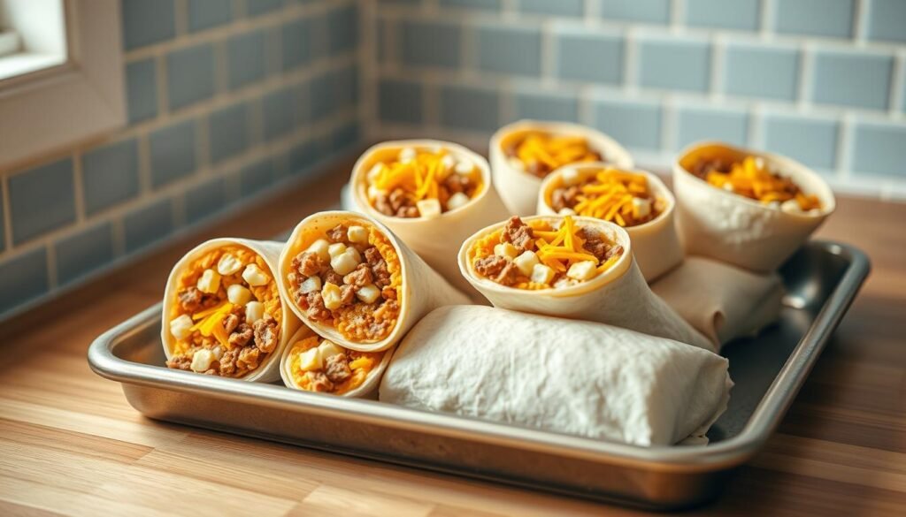 A neatly arranged tray holding several freshly prepared freezer breakfast burritos, their golden-brown tortillas encasing a savory filling of fluffy scrambled eggs, crumbled sausage, and shredded cheddar cheese. The tray is placed on a wooden countertop, with a light blue ceramic tile backsplash providing a calming backdrop. Warm, indirect lighting casts a soft glow, highlighting the burritos' inviting textures and the overall cozy, homely atmosphere of the minimalist kitchen setting.