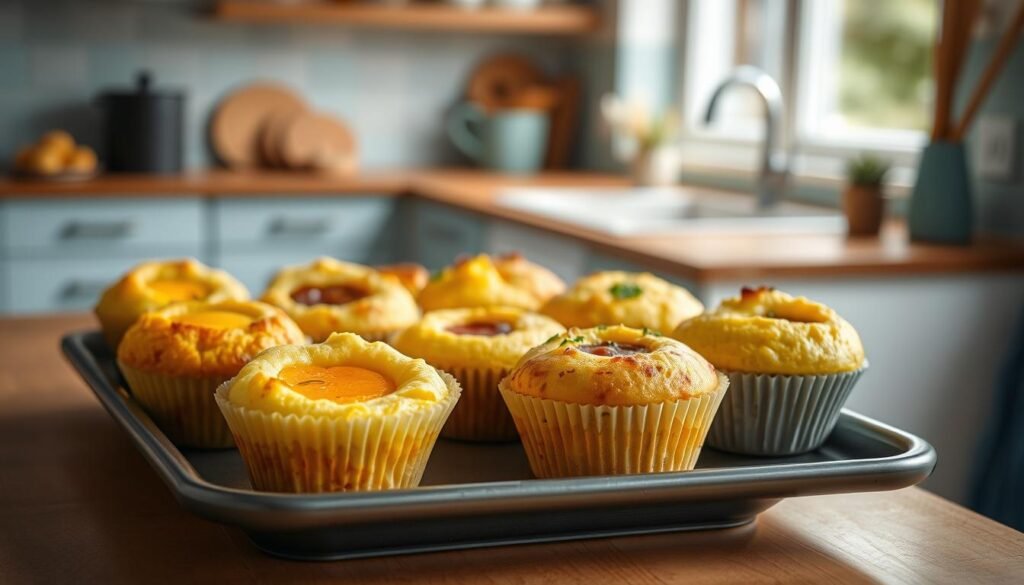A neatly arranged tray of freshly baked, fluffy egg muffins in various vibrant colors, textures, and fillings, set against a backdrop of a cozy, minimal kitchen with warm wooden countertops, light blue accents, and soft natural lighting filtering through a nearby window. The muffins are artfully presented, showcasing their creative design and appetizing appeal, inviting the viewer to savor the delicious and nutritious breakfast option.