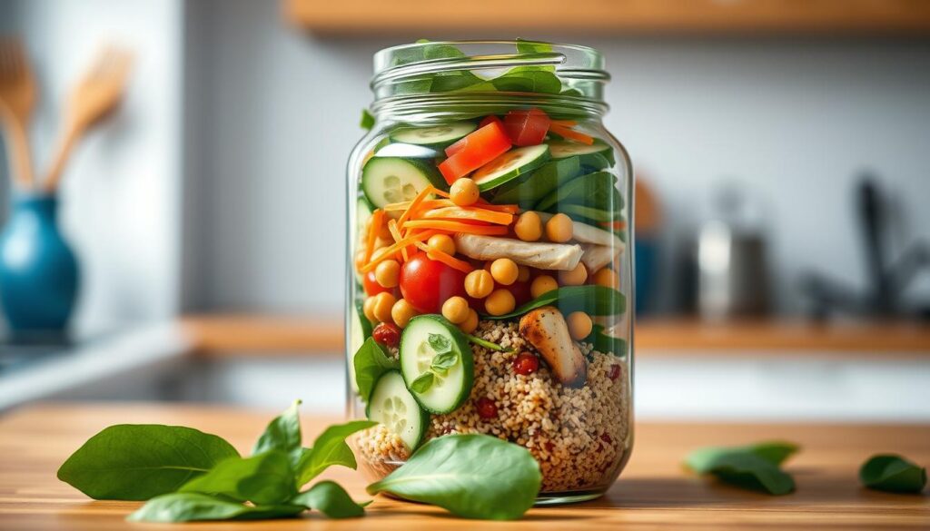 A neatly layered salad jar filled with vibrant ingredients, bathed in soft, diffused lighting. In the foreground, fresh spinach leaves and crisp cucumber slices. In the middle, juicy cherry tomatoes, crunchy carrot shreds, and savory chickpeas. In the background, a bed of quinoa and tender grilled chicken. The glass jar reflects the warm tones of the wooden countertop and the cool blue accents of the minimal kitchen. The scene exudes a sense of organization and healthy, flavorful preparation, inviting the viewer to savor the delightful textures and flavors of this perfectly layered salad.