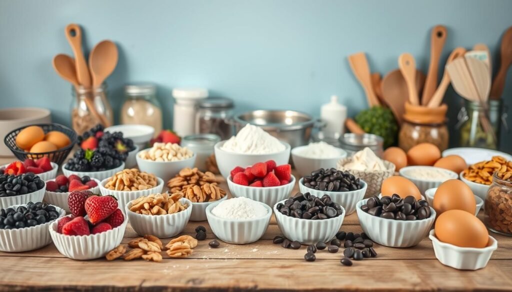 A neatly organized assortment of various muffin ingredients on a rustic wooden table against a light blue wall. In the foreground, a wide array of fresh berries, nuts, and chocolate chips are arranged in small bowls. In the middle ground, baking essentials like flour, sugar, and eggs are positioned, along with a mixing bowl and whisk. The background features baking utensils, spices, and other kitchen accoutrements, all bathed in warm, natural lighting that highlights the inviting textures and colors.