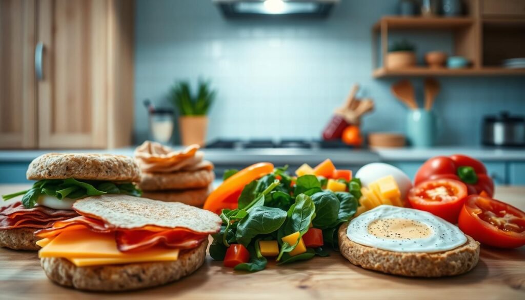 A neatly organized breakfast sandwich meal prep with fresh, high-quality ingredients. In the foreground, an array of whole-grain English muffins, crisp bacon slices, fluffy eggs, and melted slices of cheddar cheese. In the middle ground, an assortment of pre-chopped vegetables - spinach, tomatoes, and bell peppers - ready to be assembled. The background features a cozy, minimal kitchen setting with light blue accents and warm wooden textures, creating a calming atmosphere. Soft, directional lighting from an overhead source casts a gentle glow, highlighting the vibrant colors and appetizing presentation of the meal prep components. The overall scene conveys a sense of efficiency, freshness, and culinary inspiration for an innovative breakfast sandwich.