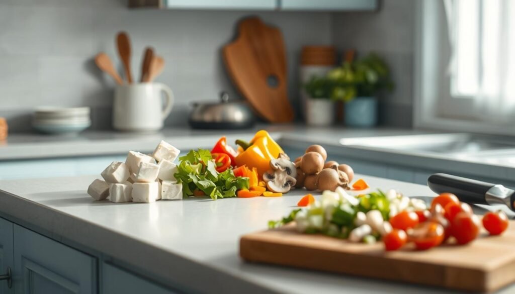 A neatly organized countertop in a cozy, minimalist kitchen setting, bathed in soft, natural lighting. On the surface, freshly washed tofu cubes and an assortment of diced vegetables - crisp bell peppers, earthy mushrooms, and vibrant cherry tomatoes. Nearby, a wooden cutting board with a sharp knife, ready to finely chop the ingredients. The kitchen has a serene, calming atmosphere, with light blue accents that complement the natural wood tones. The scene conveys a sense of intentional preparation, hinting at the delicious, plant-based meal to come.