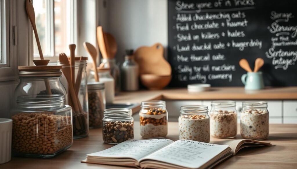 A neatly organized countertop showcases various ingredients and kitchen tools, illuminated by soft, natural lighting. In the foreground, an open notebook displays handwritten recipe variations, while glass jars filled with different toppings and flavors stand nearby. The middle ground features a variety of overnight oat recipes, each with its own unique twist, such as added chocolate chips, chopped hazelnuts, or a drizzle of honey. In the background, a chalkboard wall displays storage tips and tricks, complementing the cozy, minimalist atmosphere of the kitchen.