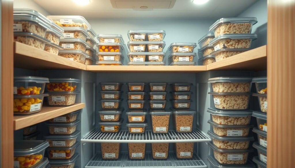 A neatly organized freezer shelving system filled with meticulously labeled breakfast meal prep containers. Stacks of individual-sized portions of frittatas, oatmeal, and overnight oats in glass or plastic containers, each clearly marked with the contents and date. The shelves are made of natural wood with a matte finish, complementing the light blue painted walls. Soft, diffused lighting from overhead casts a warm glow, highlighting the tidy organization. Reusable silicone lids, bento-style dividers, and color-coded labels add functional elegance. The open layout allows easy access to the prepared meals, optimizing the busy mornings of the ultimate make-ahead breakfast meal prep system.