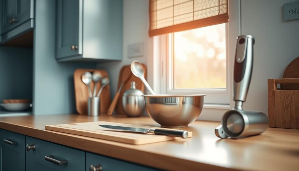 A neatly organized kitchen counter displays an array of essential prep tools for a healthy meal: a cutting board, a sharp chef's knife, a metal measuring spoon set, a stainless steel mixing bowl, and a sleek hand blender. Warm, directional lighting from a window casts a soft glow, complementing the light blue cabinetry and wooden accents. The overall atmosphere is clean, minimal, and inviting, setting the stage for a productive cooking session.