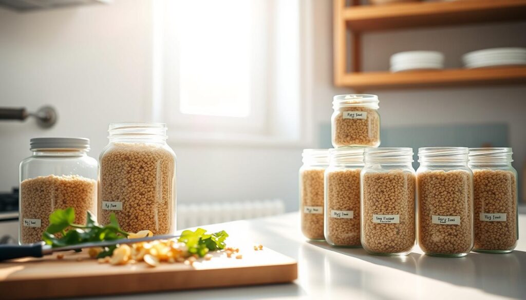 A neatly organized kitchen counter displays various glass containers filled with cooked quinoa. Sunlight streams in through a nearby window, casting a warm glow on the scene. In the foreground, a cutting board holds a few fresh ingredients, hinting at meal prep. The mid-ground features a stack of sealed jars, each labeled with storage duration and nutritional details. The background showcases simple, minimalist shelving with wooden accents and a touch of light blue, creating a calming, inviting atmosphere. Captured with a crisp, close-up lens, this image emphasizes the practicality and convenience of meal-prepping quinoa for healthy, protein-rich breakfasts.