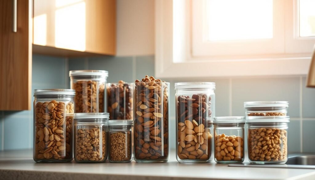 A neatly organized kitchen counter showcases a variety of glass storage containers, each filled with an assortment of healthy snacks like trail mix, nuts, and dried fruits. Soft, natural lighting emanates from a nearby window, casting a warm glow on the scene. The containers are arranged in a visually appealing manner, with a focus on symmetry and minimalist design. The countertop features a light blue backsplash, complementing the earthy wooden textures of the cabinetry. The overall mood is one of calm, efficiency, and a commitment to smart, nutritious meal planning.