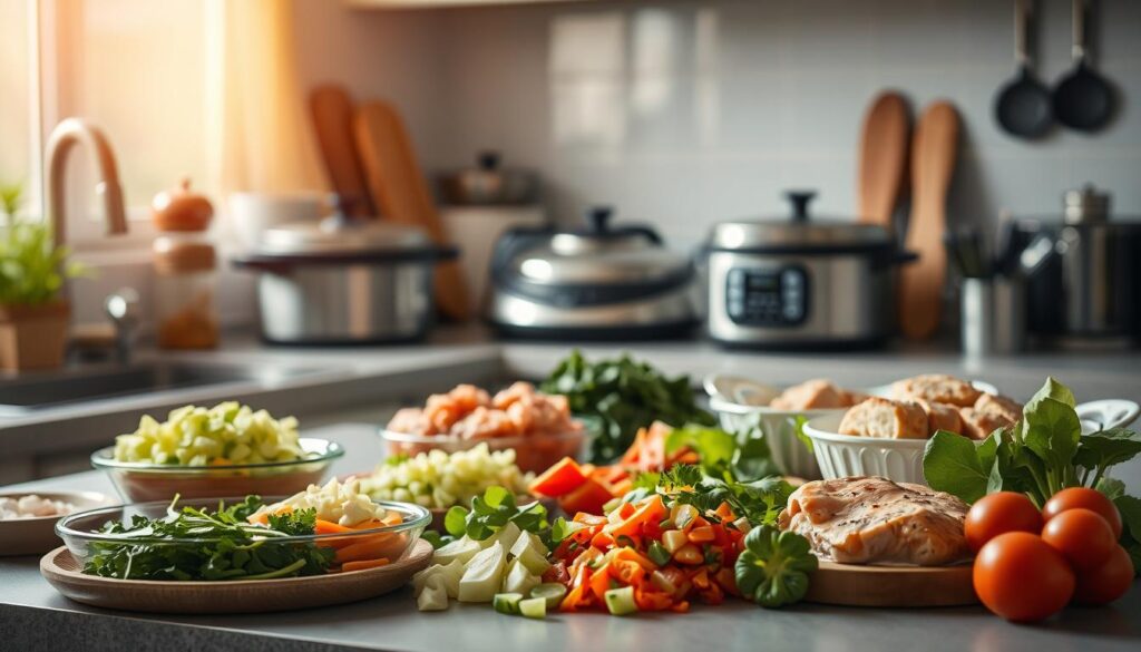 A neatly organized kitchen counter showcases an array of freshly prepared ingredients, from chopped vegetables to marinated proteins, all arranged in a visually appealing manner. The lighting is soft and diffused, creating a warm, inviting atmosphere. In the background, various cooking appliances and utensils are visible, hinting at the efficient, time-saving techniques used to prepare these meal components. The overall scene conveys a sense of control, productivity, and a well-thought-out approach to meal preparation, reflecting the "Time-Saving Strategies and Batch Cooking Techniques" theme.
