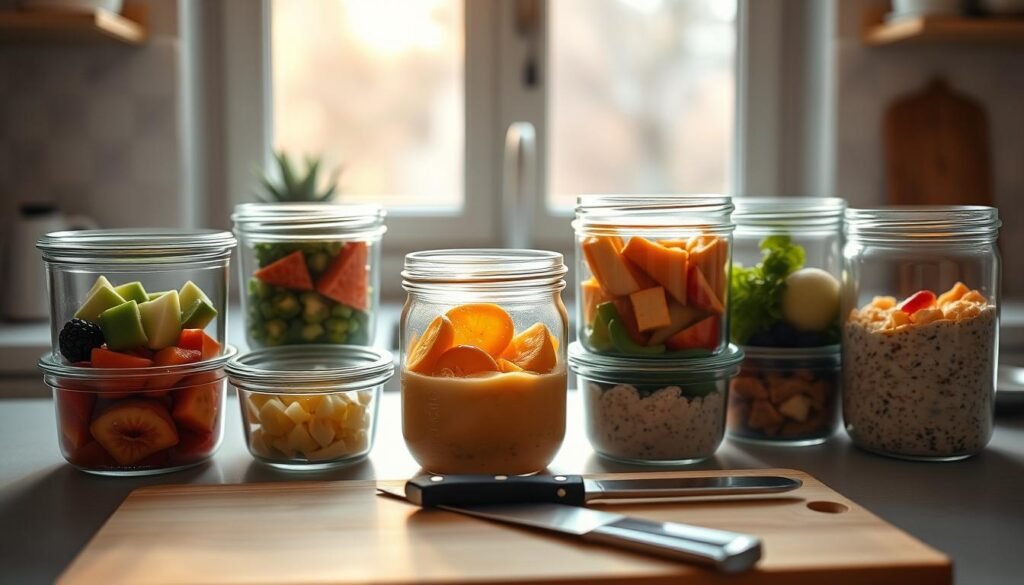 A neatly organized kitchen counter showcases an array of glass meal prep containers, each filled with freshly chopped fruits, vegetables, and overnight oats. Warm, natural lighting filters through the windows, casting a soft glow on the scene. In the foreground, a set of meal prep utensils, including a cutting board and chef's knife, stand ready for efficient meal preparation. The overall atmosphere exudes a sense of tranquility and intentionality, perfectly capturing the essence of practical tips for effective breakfast meal prepping.