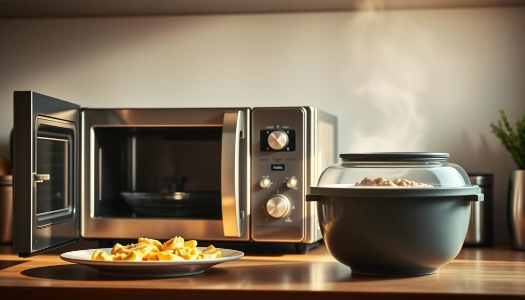 A neatly organized kitchen counter with a modern, stainless steel microwave at the center. Freshly prepared breakfast items, such as a plate of scrambled eggs and a bowl of oatmeal, await reheating. Warm, diffused lighting from overhead casts a soft glow, highlighting the various reheating methods displayed - a microwave turntable rotating a dish, steam rising from a covered bowl, and a microwave-safe container with a vented lid. The scene conveys the ease and efficiency of mastering microwave reheating techniques for a delicious, revitalized breakfast.