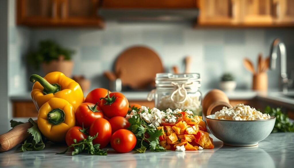 A neatly organized kitchen counter with an array of fresh ingredients for a make-ahead breakfast burrito bowl - crisp bell peppers, juicy tomatoes, fluffy scrambled eggs, crumbled feta, and a sprinkle of fragrant herbs. The warm lighting casts a soft glow, creating a cozy, inviting atmosphere. In the background, wooden cabinets and light blue accent walls add a touch of rustic charm. The scene conveys a sense of effortless meal prep, ready to be assembled into a delicious, nutritious breakfast.