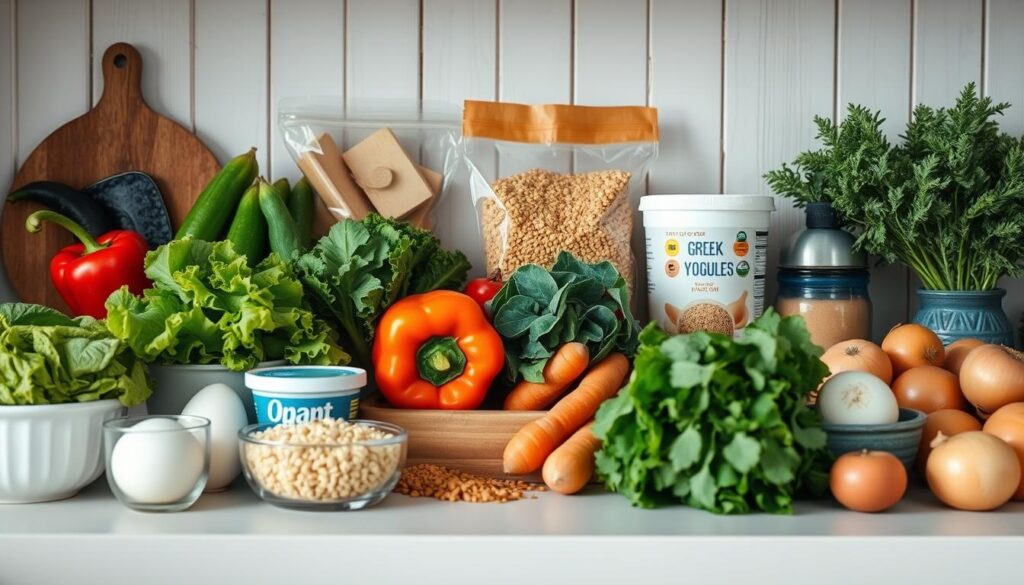 A neatly organized kitchen counter with an assortment of budget-friendly meal prep ingredients, including a variety of seasonal produce such as leafy greens, bell peppers, carrots, and onions. Complementing the fresh ingredients are affordable pantry staples like whole-grain rice, lentils, eggs, and Greek yogurt. Soft natural lighting gently illuminates the scene, emphasizing the rustic wooden textures and a hint of light blue accents that create a cozy, inviting atmosphere, perfect for planning nutritious and cost-effective weekday meals.