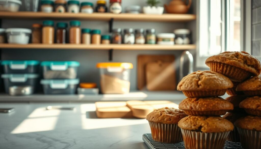A neatly organized kitchen counter with various meal prep containers, measuring cups, and a cutting board. In the foreground, a stack of freshly baked protein muffins, their golden-brown tops glistening. Sunlight streams in through a nearby window, casting a warm glow over the scene. The background features shelves stocked with spices, herbs, and other culinary essentials, hinting at the care and preparation that went into this nutritious meal. The overall atmosphere is one of efficiency, healthfulness, and the satisfaction of a job well done.