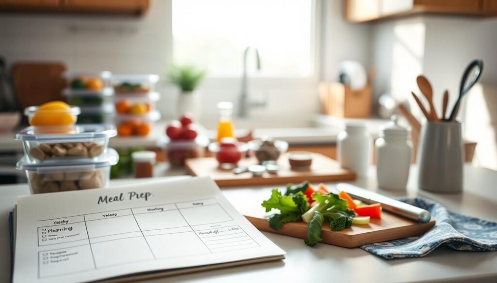 A neatly organized kitchen countertop showcases an array of meal prep containers, a recipe book, and colorful produce. In the foreground, a weekly meal planning template is spread out, with handwritten notes and checkboxes. Soft, natural light filters in through a window, creating a warm, inviting atmosphere. The middle ground features a cutting board with freshly chopped vegetables, complemented by spices and condiments. Subtle blue accents, such as a patterned towel and a minimalist utensil holder, add a calming touch to the scene. The background fades into a blurred, wooden cabinetry, hinting at the functional aspects of a well-equipped, organized kitchen.