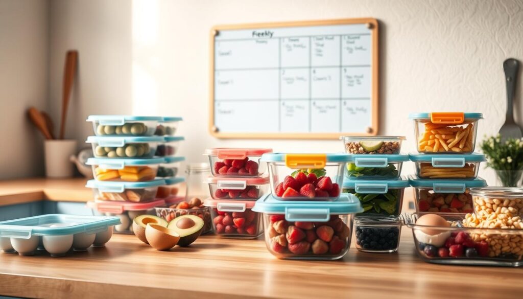 A neatly organized meal prep setup on a wooden kitchen counter, with a clear weekly plan displayed on a light blue wall-mounted chalkboard. An array of glass meal prep containers, color-coded lids, and a mix of fresh ingredients like eggs, avocado, and berries are artfully arranged, creating a visually appealing and practical workspace. Soft, natural lighting casts a warm glow, reflecting the serene and efficient atmosphere of a well-designed meal prepping routine.