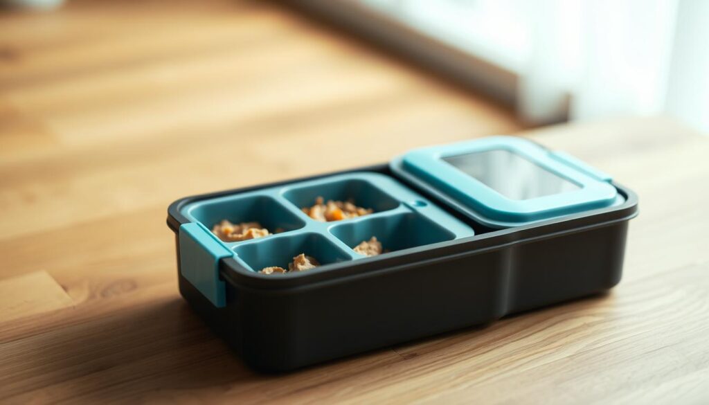 A neatly packed insulated bento box with separate compartments sits on a wooden kitchen counter, the light blue accents complementing the warm, natural tones. The box's sleek, minimalist design features a matte black exterior, with a transparent lid allowing a glimpse of the contents within. Subtle shadows cast by the box create a sense of depth, while soft, diffused lighting from an unseen source illuminates the scene, emphasizing the textured wood grain. The overall atmosphere conveys a sense of organization, practicality, and a dedication to healthy, on-the-go meals.