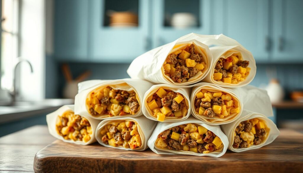 A neatly stacked arrangement of homemade freezer breakfast burritos, wrapped in crisp white parchment paper, resting on a rustic wooden surface. The burritos are filled with hearty scrambled eggs, crumbled sausage, and melted cheese, exuding a mouthwatering aroma. Soft natural lighting from a nearby window bathes the scene in a warm, cozy glow, highlighting the inviting textures of the wooden surface and parchment wrappings. In the background, subtle blue-hued kitchen cabinets and shelves create a minimalist, organized backdrop, perfectly complementing the comforting, stress-free vibe.