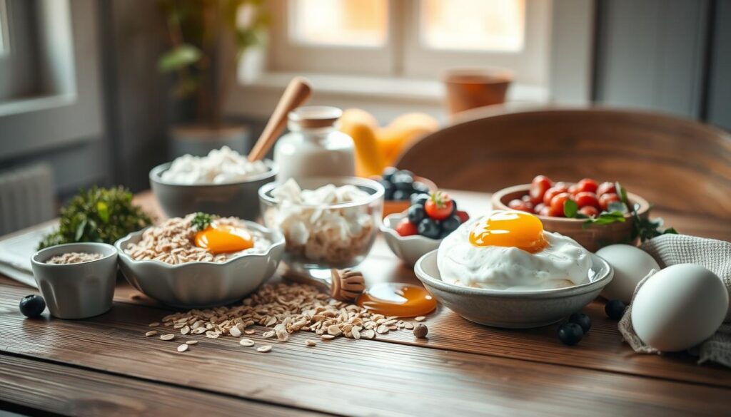 A nourishing and visually appealing arrangement of creative breakfast ingredients on a wooden table: fluffy oats, tangy yogurt, farm-fresh eggs, and garnishes like fresh herbs, berries, and a drizzle of honey. The scene is bathed in warm, soft lighting from a nearby window, casting a gentle glow and creating a cozy, inviting atmosphere. The composition is balanced and aesthetically pleasing, with the ingredients thoughtfully arranged to showcase their textures and colors. This image would perfectly complement the 