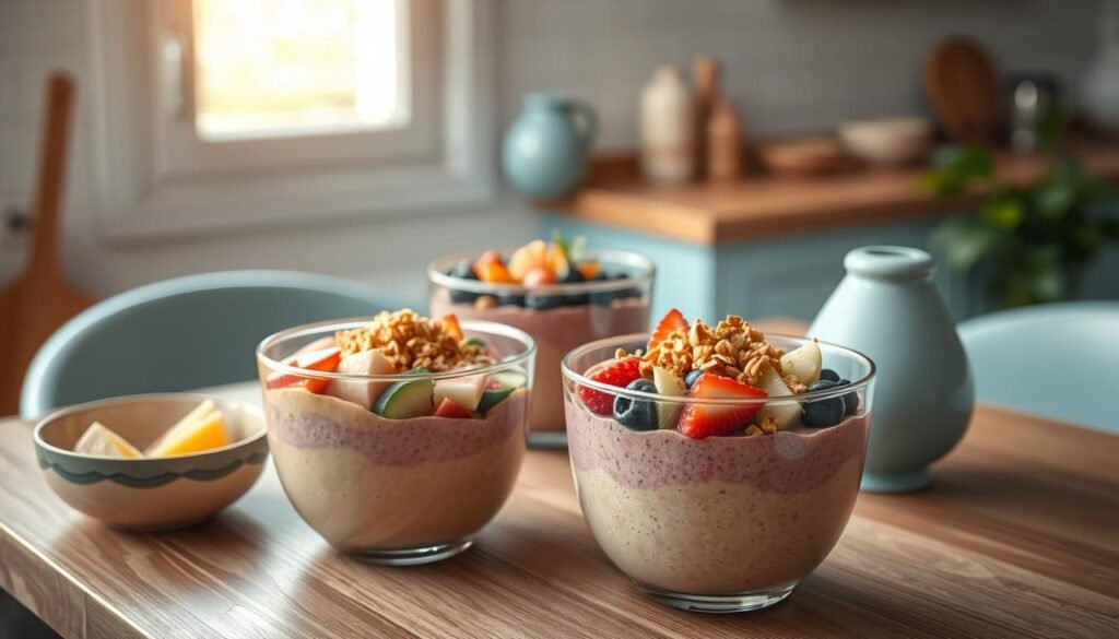 A nourishing array of vibrant smoothie bowls, meticulously crafted with an array of fresh, wholesome ingredients. In a cozy, minimal kitchen setting, the bowls sit atop a wooden table, surrounded by light blue accents that evoke a sense of tranquility. Carefully arranged toppings, such as sliced fruit, crunchy granola, and a drizzle of honey, add texture and visual appeal. Soft, natural lighting casts a warm glow, highlighting the bowl's inviting, creamy consistency. The scene exudes a balance of simplicity and nutritional abundance, perfectly reflecting the 