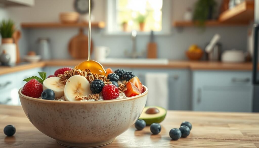 A nourishing breakfast bowl overflows with vibrant, nutrient-dense ingredients. In the foreground, a ceramic bowl is filled with creamy oatmeal, topped with sliced banana, crunchy granola, and a drizzle of golden honey. Surrounding the bowl, an assortment of fresh berries, sliced avocado, and a sprinkle of chia seeds create a visually appealing arrangement. The middle ground features a minimalist, light-filled kitchen backdrop with wooden countertops and light blue accents, evoking a calming, cozy atmosphere. Soft, natural lighting from a nearby window casts a warm glow over the scene, highlighting the textures and colors of the ingredients. The overall composition conveys a sense of nourishment, simplicity, and efficiency - the perfect start to a productive workday.