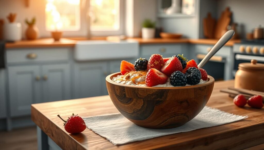 A nourishing breakfast of overnight oats nestled in a rustic wooden bowl, garnished with fresh berries, a drizzle of honey, and a sprinkle of cinnamon. The oats have a creamy, slightly-sweet texture, complemented by the vibrant colors and natural sweetness of the fruit. The scene is set in a cozy, minimalist kitchen, with light blue-grey cabinets and butcher block countertops, bathed in warm, soft lighting from a large window. The mood is serene and inviting, encouraging a calm, mindful start to the day.