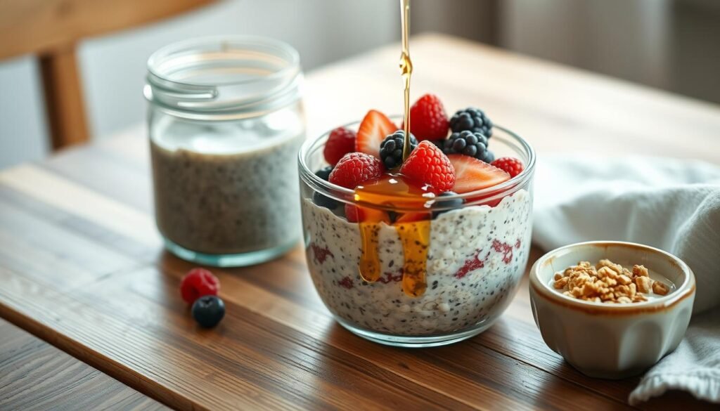 A nourishing breakfast spread of overnight oats, fresh berries, and a drizzle of honey is artfully arranged on a wooden table. The soft lighting casts a warm glow, highlighting the natural textures and colors. A glass jar of chia pudding and a small ceramic bowl of Greek yogurt with granola complete the wholesome display. The scene evokes a sense of simplicity and mindfulness, perfect for an office-friendly start to the day.