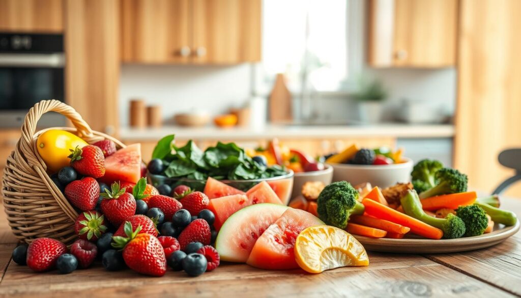 A nourishing breakfast spread of seasonal fruits and vegetables, artfully arranged on a rustic wooden table. In the foreground, fresh strawberries, blueberries, and raspberries spill out from a woven basket, complemented by crisp slices of juicy watermelon and golden mango. The middle ground showcases sautéed spinach, roasted sweet potato wedges, and a colorful medley of steamed broccoli and carrots, all glistening with a light drizzle of olive oil. The background features a minimalist kitchen setting, with warm wooden cabinetry and light blue accents providing a cozy, inviting atmosphere, lit by soft, natural sunlight filtering through a window.