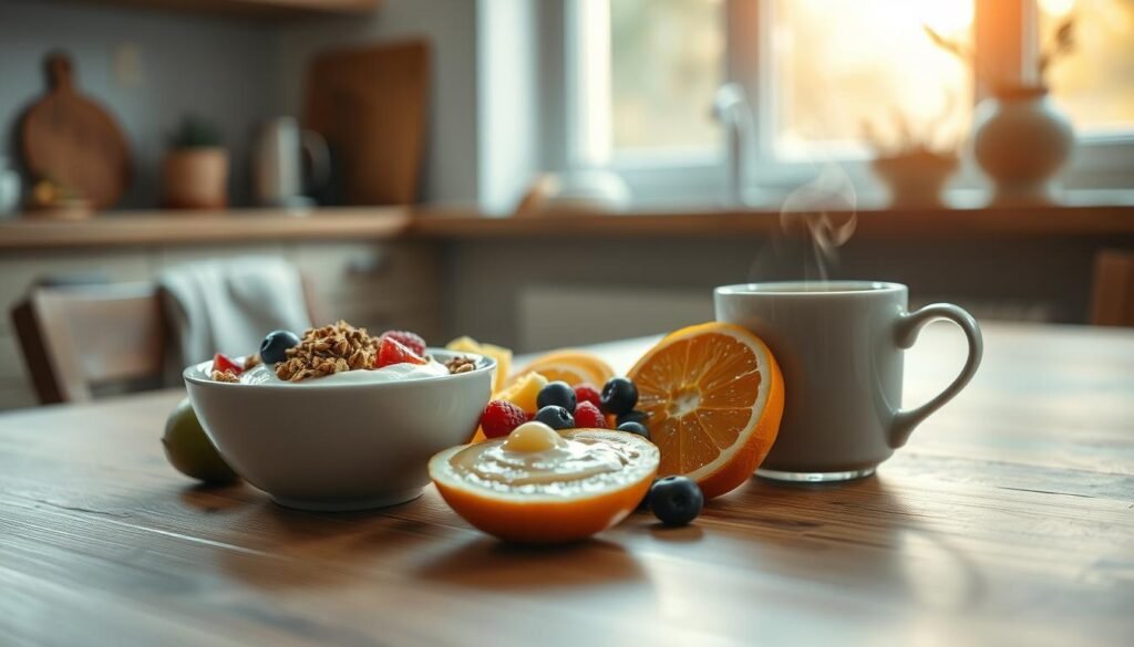 A nourishing morning meal laid out on a wooden table in a cozy, minimalist kitchen. A vibrant assortment of fresh fruits, including sliced kiwi, berries, and a half-peeled orange, arranged harmoniously. Beside them, a bowl of creamy Greek yogurt topped with crunchy granola and a drizzle of local honey. A steaming mug of herbal tea, its steam curling gently, completes the scene. Warm, natural lighting from a large window bathes the entire composition in a soft, inviting glow, capturing the essence of a mindful, rejuvenating breakfast.