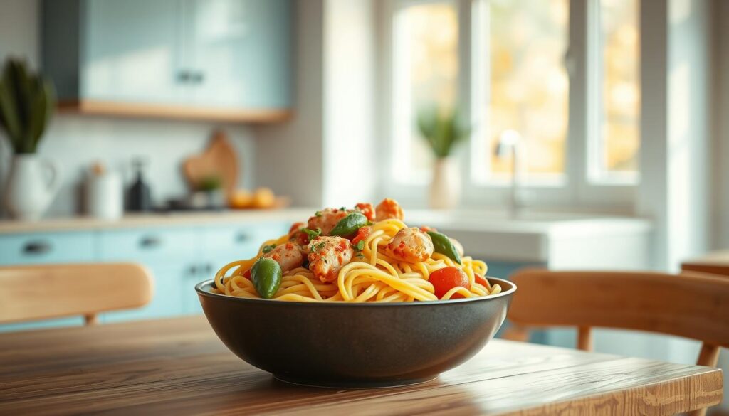 A nourishing one-pot pasta dish sits atop a wooden table, its savory aromas filling the air. Soft, al dente noodles tossed with sautéed vegetables, tender chicken, and a rich tomato-based sauce create a harmonious composition. The kitchen, bathed in warm, natural light, features minimalist design with light blue accents, highlighting the meal's artful presentation. Evocative of easy, wholesome meal prep, the scene conveys a sense of simplicity and efficiency, inviting the viewer to savor the convenience of this delectable one-pan wonder.