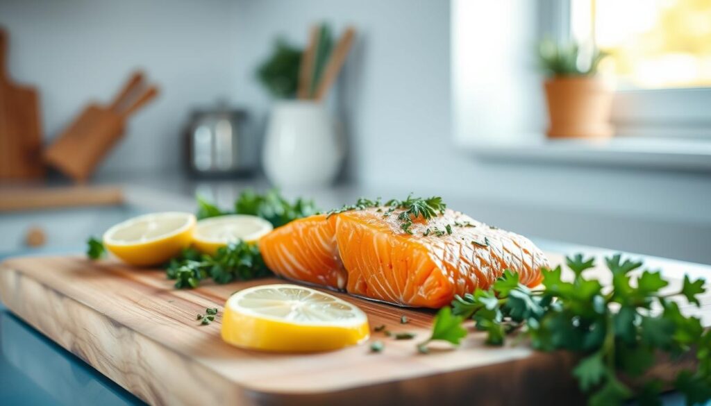 A nourishing salmon fillet rests on a rustic wooden cutting board, surrounded by vibrant greens, sliced lemon, and a sprinkle of fragrant herbs. Soft, natural light filters through a nearby window, casting a warm glow on the scene. The kitchen's minimal design features light blue accents, complementing the clean, healthy ingredients. The composition emphasizes the salmon's freshness and the recipe's nutritional benefits, inviting the viewer to savor a delicious and wholesome meal.