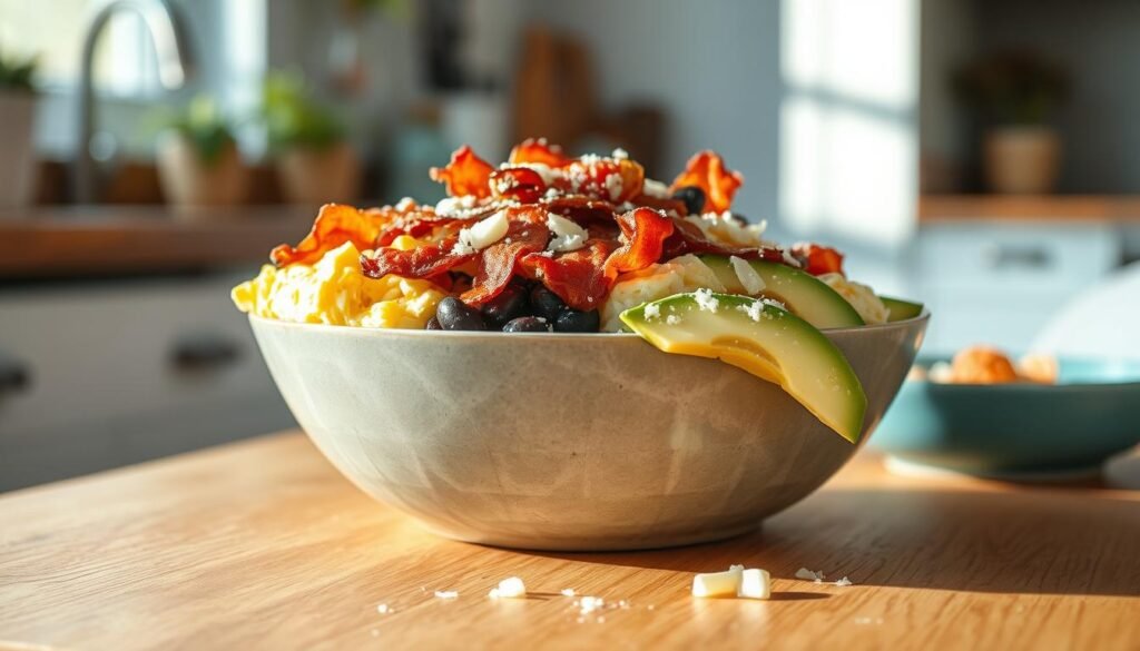 A nutritious breakfast burrito bowl overflowing with vibrant ingredients on a wooden table in a cozy, minimal kitchen. Fluffy scrambled eggs, seasoned black beans, crisp bacon, fresh avocado slices, and a sprinkle of shredded cheese. Sunlight filters through a nearby window, casting a warm glow and highlighting the textures of the wooden surface and light blue accents. The composition is balanced and visually appealing, inviting the viewer to enjoy this satisfying and healthy meal.