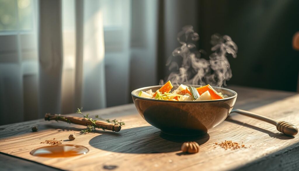 A nutritious breakfast scene unfolds on a rustic wooden table, showcasing a steaming bowl of overnight oats. The oats are nestled within, concealing shredded zucchini, grated carrots, and diced apples, all blended seamlessly to create a visually pleasing and flavor-packed dish. Sunlight filters through sheer curtains, casting a warm, inviting glow on the scene. Sprigs of fresh herbs, a sprinkle of cinnamon, and a drizzle of honey complete the picture, hinting at the delightful taste and nutrition within. The overall atmosphere is one of cozy simplicity, inviting the viewer to indulge in this wholesome and delicious breakfast.