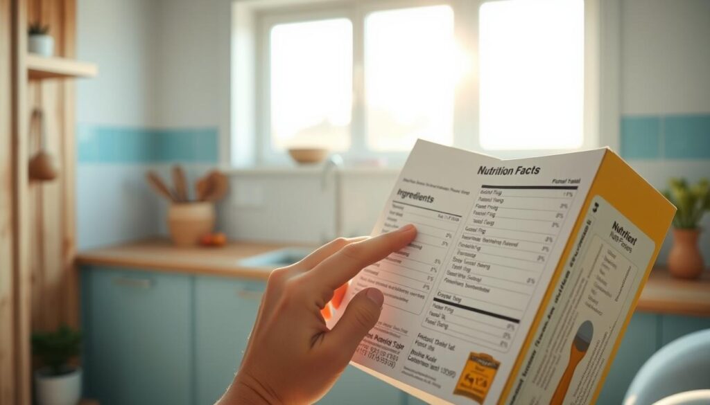 A person in a cozy, minimal kitchen environment with wooden textures and light blue accents, intently studying a nutrition label on a breakfast cereal box. The scene is bathed in warm, natural lighting from a large window, casting a soft glow over the surroundings. The label is the focal point, with the person's fingers tracing the list of ingredients, searching for any added sugars or artificial sweeteners. The atmosphere is one of quiet contemplation and a desire to make an informed, health-conscious decision about the breakfast food.
